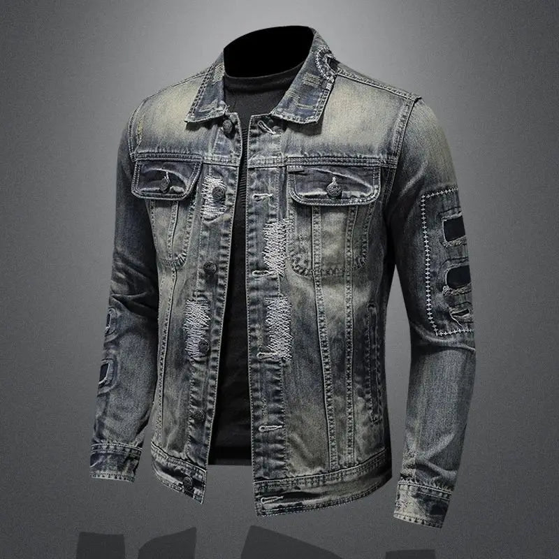 2025 Men's Autumn Winter Brand Casual Cotton Jacket with American Retro Motorcycle Embroidered Street Fashion Grey Jeans Coat