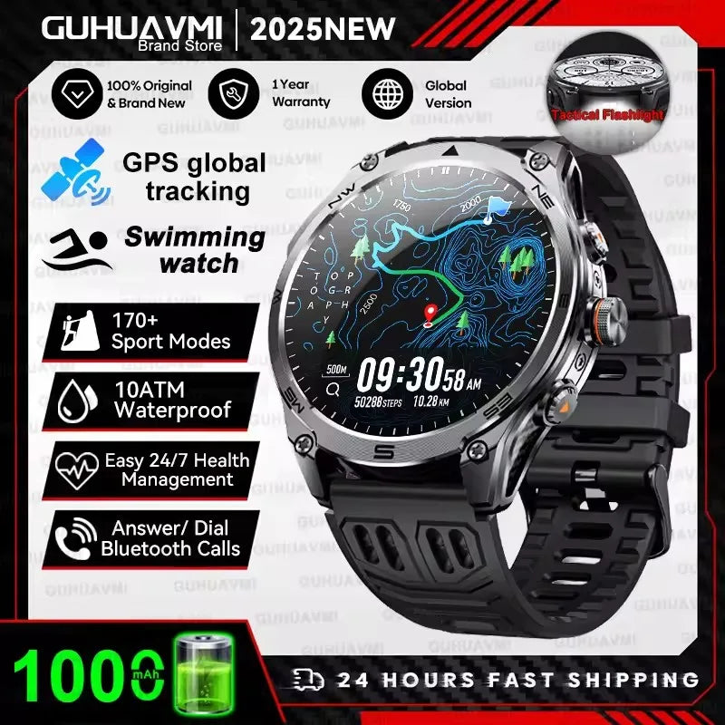 2026 New Military Smart Watch 1000Mah Battery GPS Compass 10ATM Waterproof Tactics Sports Flashlight BT call Smart Watch For Men