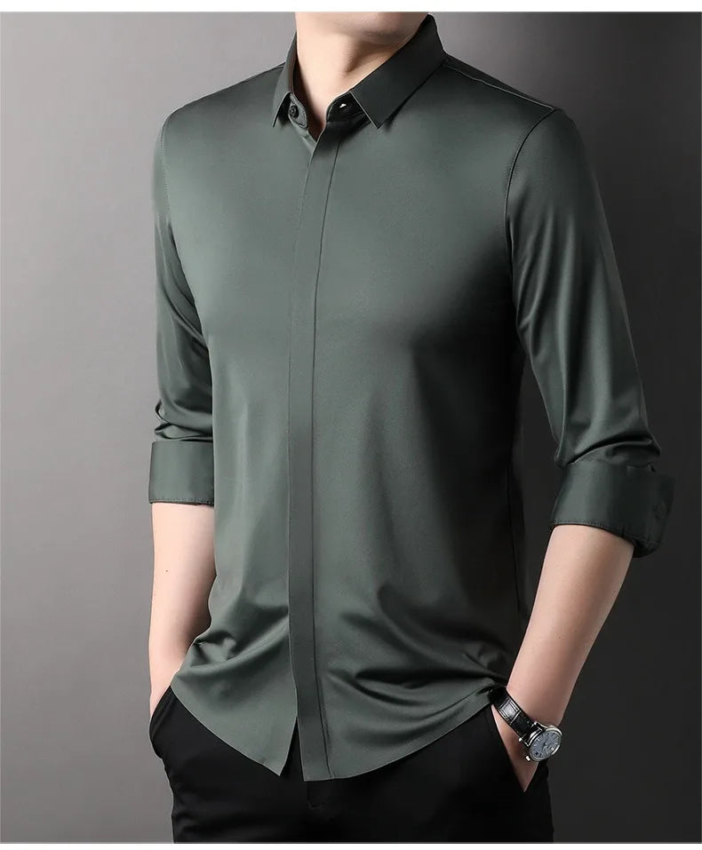 High end Mulberry Silk Dress Shirts Business Men Wrinkle Resistant Button Invisible Elastic Tops Luxurious Male Quality Clothing