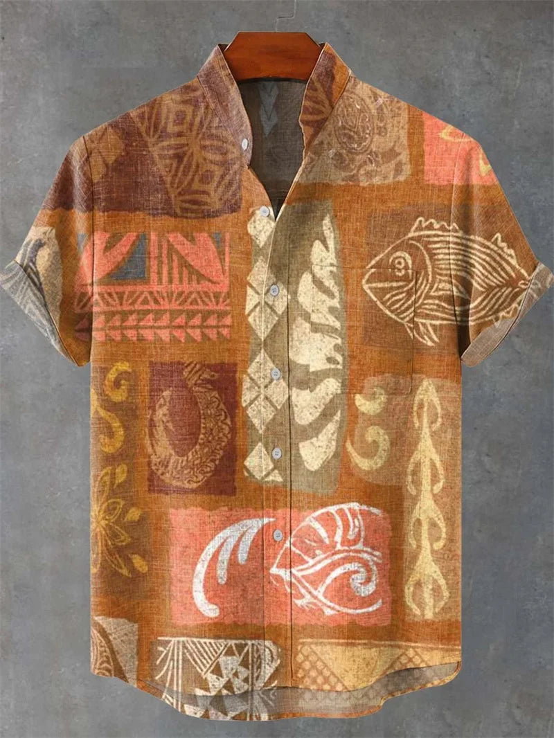 New Hawaiian Style Vintage Octopus Pattern Short Sleeve Men's Shirt Loose Breathable Fashionable Linen Top