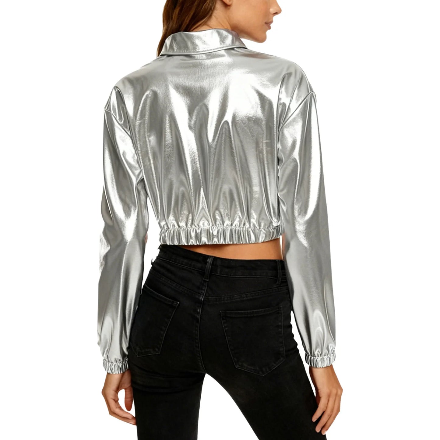 Womens Metallic Shiny Cropped Jacket Lapel Long Sleeve Front Zipper Chest Flap Pockets Crop Outerwear Biker Motor Jacket Tops