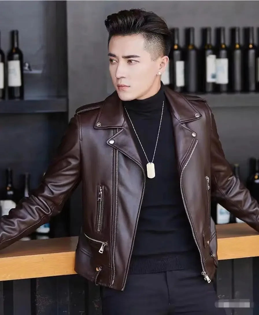 Men's Slim Fit PU Leather Jacket Fashionable Motorcycle Style Spring Autumn Korean Version Casual Outerwear Male Biker Coat