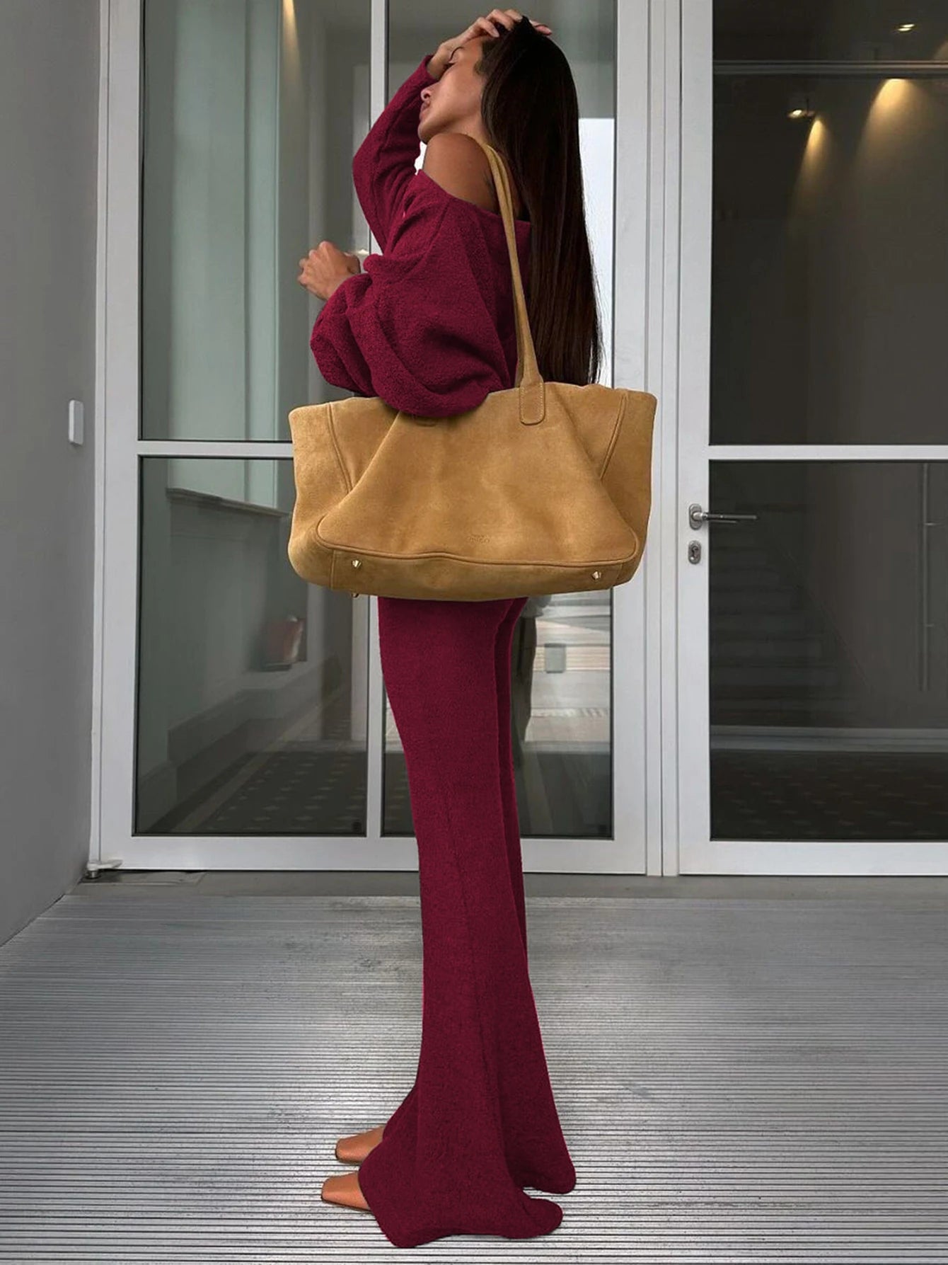 Dulzura Fashion Sexy 2 Piece Pants Set Skew Collar Long Sleeves Slim T-Shirt And Flare Pants Matching Set Party Club Streetwear