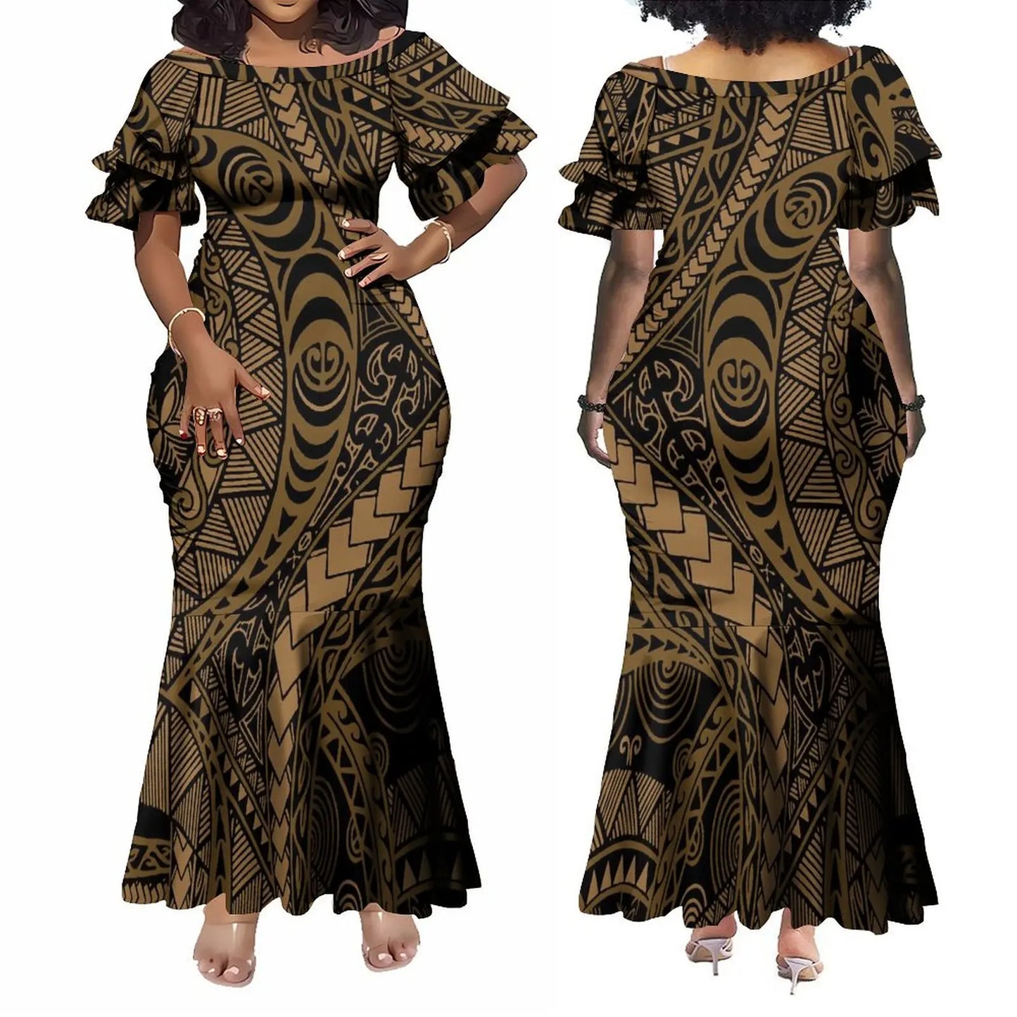 Factory Wholesale Custom Boat Neck Double Flare Sleeve Long Fishtail Ladies Dress Women Elegant Mermaid Evening Party Dress
