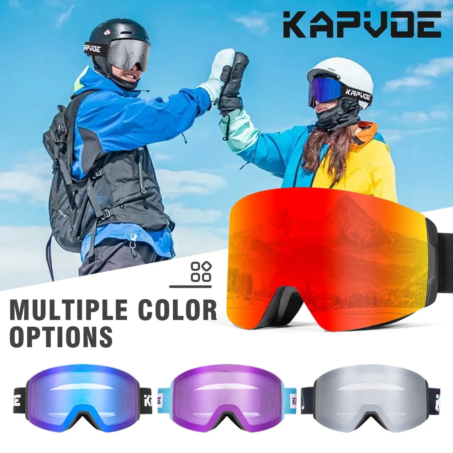 Kapvoe Photochromic Ski Goggles Magnetic Anti-Fog Lenses UV400 Protection Men Women Ski Goggles Snow Sunglasses Sports Eyewear