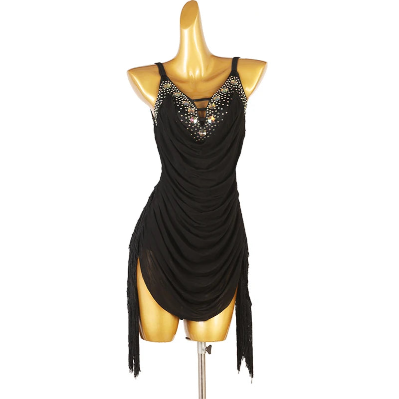 Women's Black Fringe Latin Dance Dress Ballroom Waltz Tango Samba Sling Backless Salsa Performance Competition Clothes