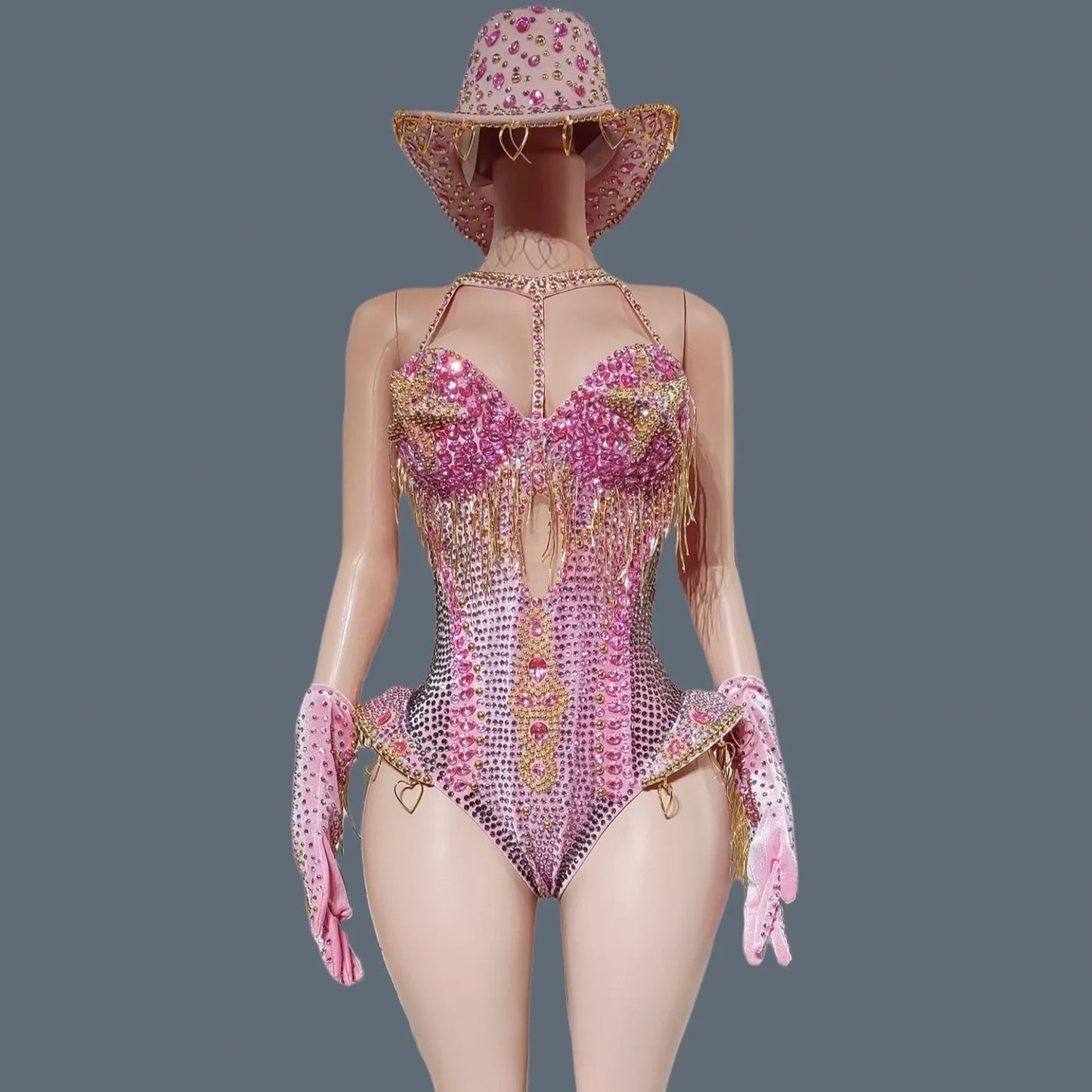 Women Sparkly Rhinestone Bodysuit 4Pieces Set Night Party Cowboy Show Outfit Cabaret Carnival Showgirl Sexy Jumpsuit Hongding