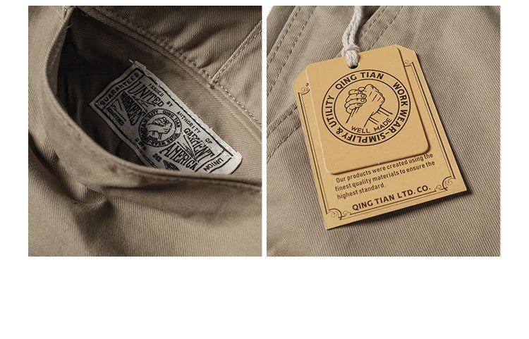 Qingtian Twill Chino Pants Vintage Workwear Men's Amekaji Khaki Trousers Loose Straight Leg