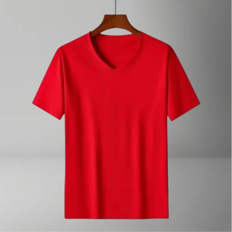 2025 men's short sleeved T-shirt loose and breathable plus size T-shirt top summer thin solid color V-neck home clothing base s