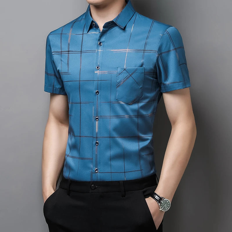 Men's Business Casual Short Sleeve Shirt New No Iron Wrinkle Resistant Top Easy Care Comfortable Fit for Office And Work