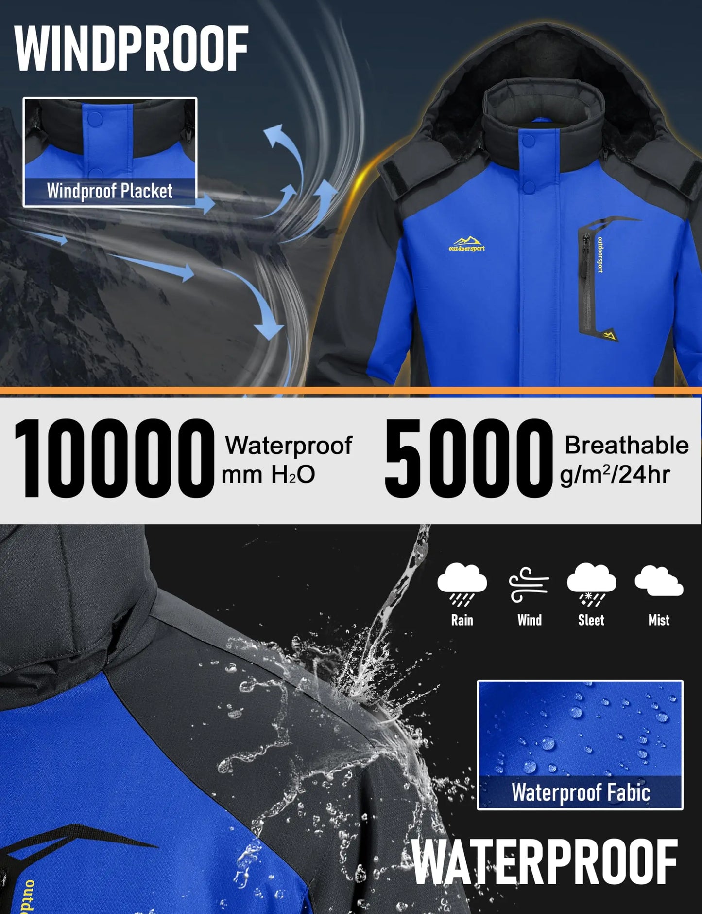 TACVASEN Winter Thicken Coats Mens Ski Snow Jacket Waterproof Fleece Insulated Jackets Outdoor Snowboard Warm Parka Raincoat