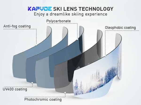 KAPVOE Outdoor Photochromic Ski Goggles Winter Snow Sports for Unisex Snow Glasses UV400 Anti-fog Magnetic Snowboard Glasses