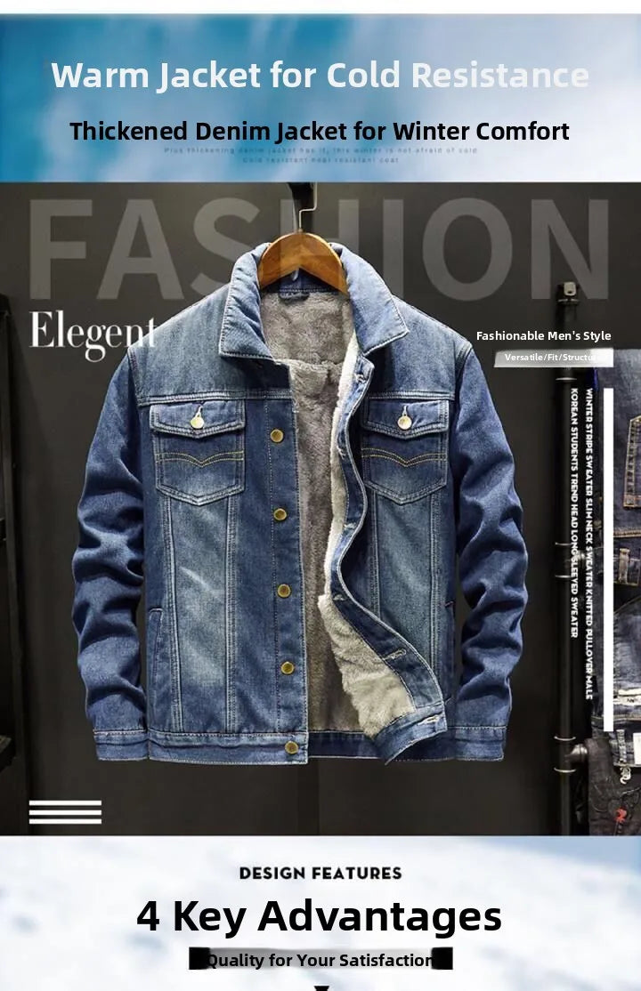 Men's Denim Cotton Jaet Fce Lined Thi Warm Outerwear Korean Sle Versatile Student Jaet Top Trendy Autumn Winter Coat