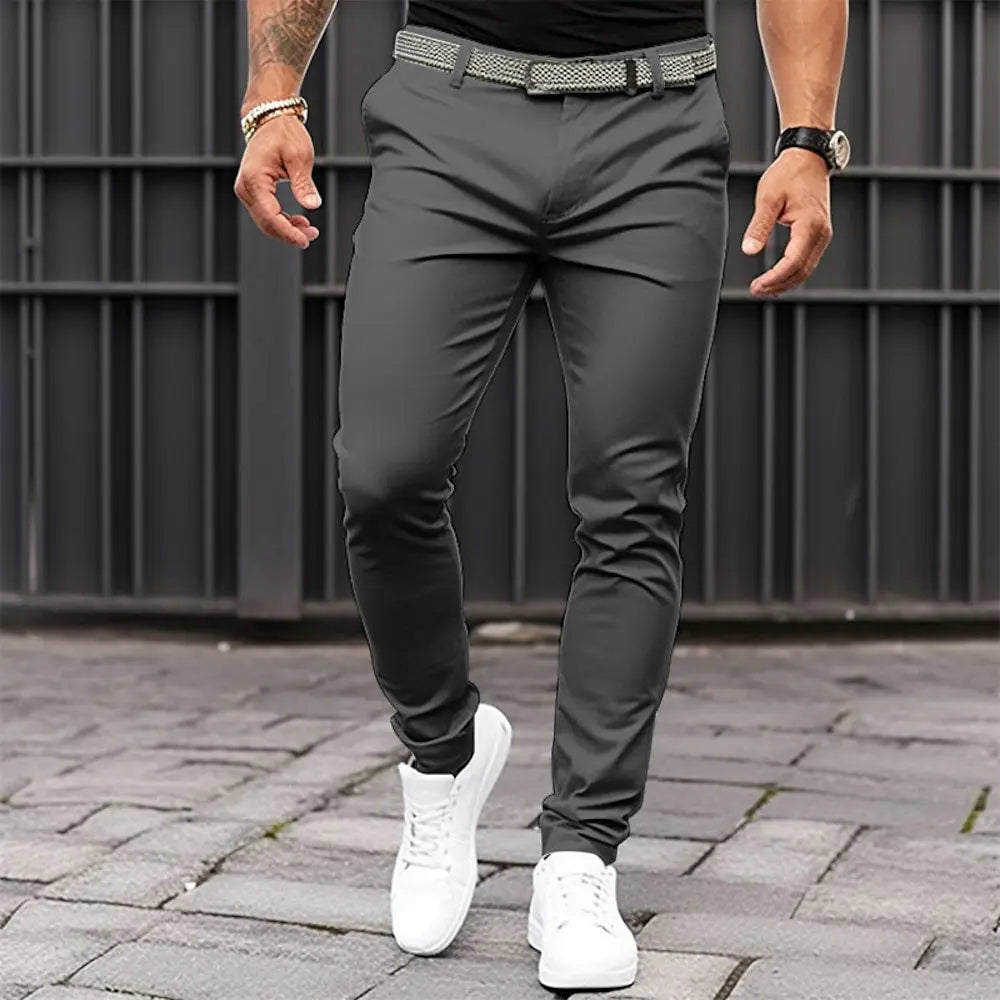 Men's Solid-color Slim-fit Pants with Front Pockets and Zippers for Business Casual Wear with Tapered Bottom Pants Men