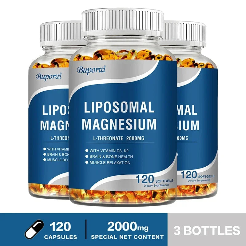 Liposomal Magnesium L-Threonate - Containing Vitamin D3 and K2, Supports Brain, Bone, Heart, Muscle and Promotes Sleep