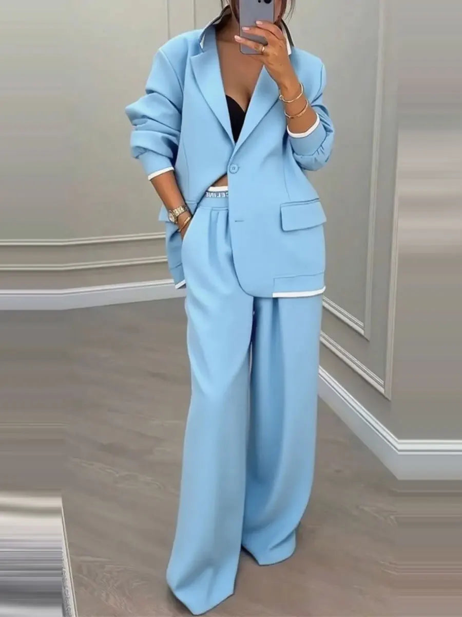 Temperament Women's Pants Suit Loose Solid Color Autumn Winter Commuting Long-sleeved Lapel Top Wide-leg Trousers Two-piece Set