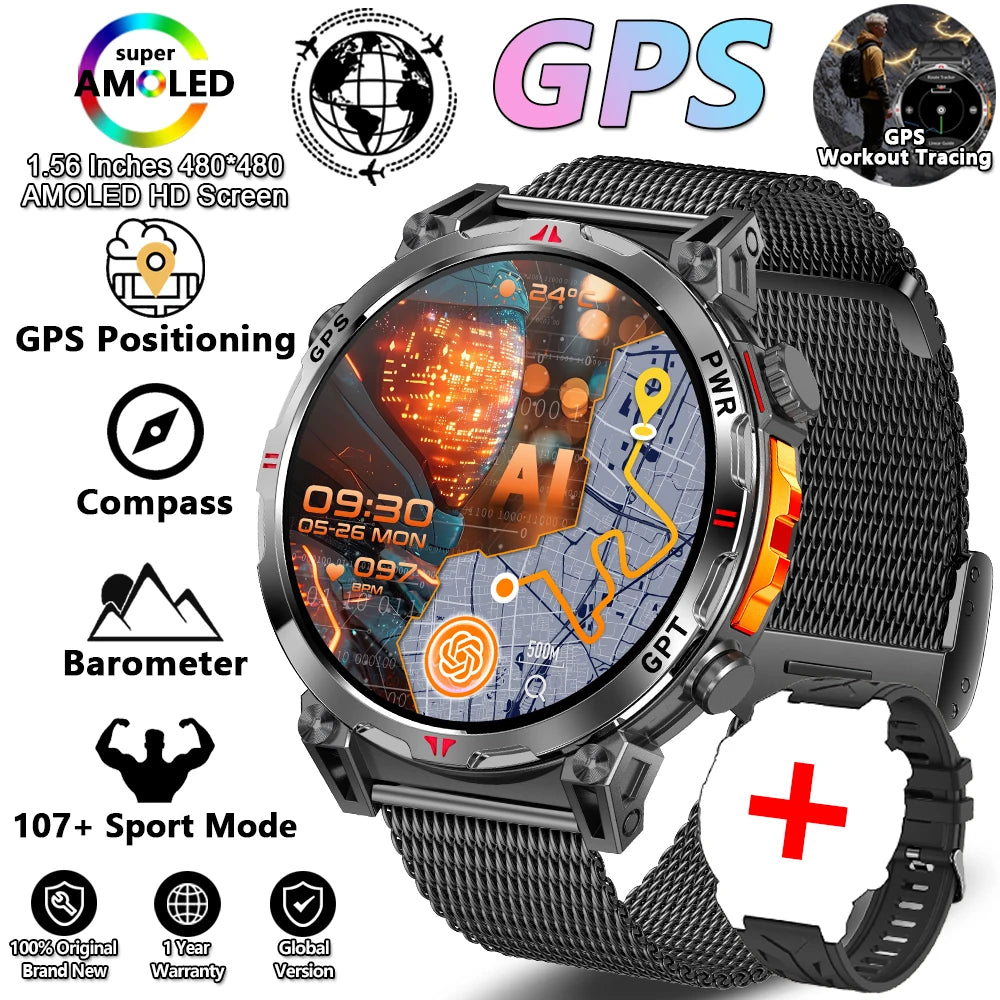 2026 New Outdoor Sports Smartwatch Men GPS Positioning 650mAh HD Call 1.56-inch AMOLED Screen Compass 5ATM Waterproof Watch Man