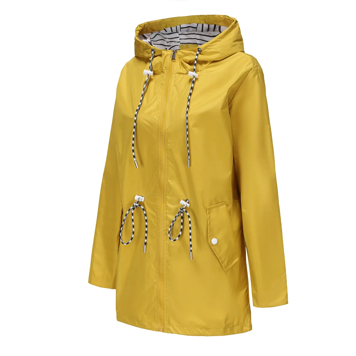Red Waterproof Hooded Jacket, Women Fashion Casual Coat, Waist Drawstring Tie Zipper Switch Blue Green Yellow Black Windbreaker