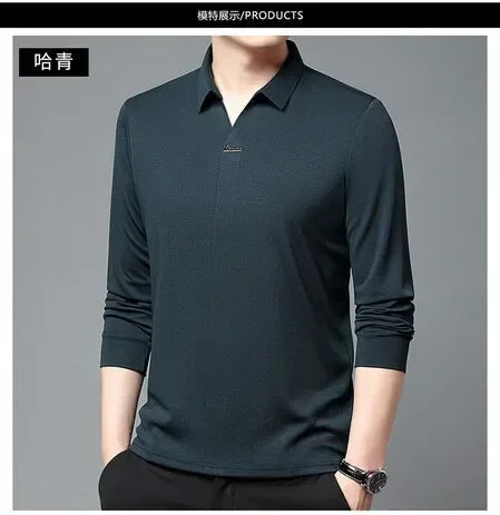 High End Mulberry Silk T-shirts Man Long Sleeve Tops Business Casual Elastic Non-iron Seamless Quality Luxurious Men Polo Shirts