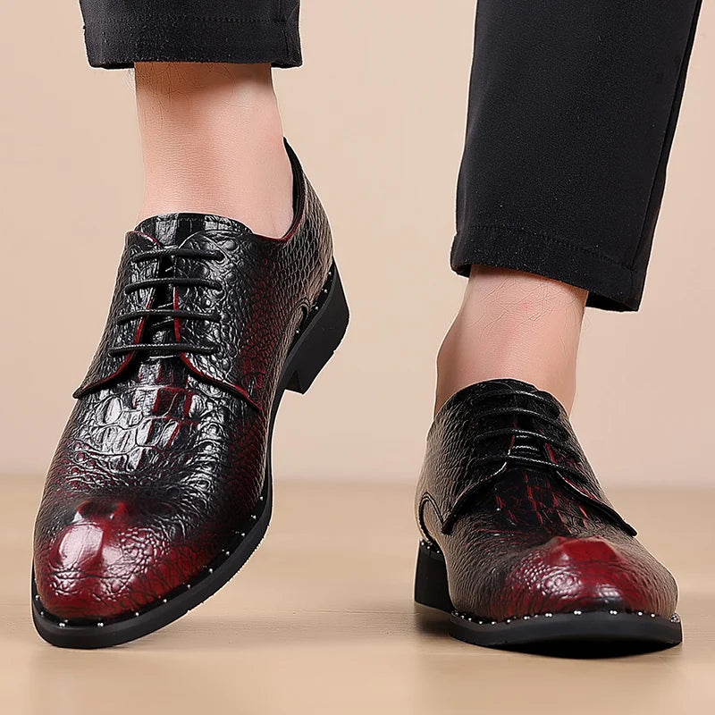 Men's Lace-Up Retro British-Style Casual Shoe Crocodile-Patterned Pointed Toe Formal Shoe Comfortable And Breathable Party Shoes