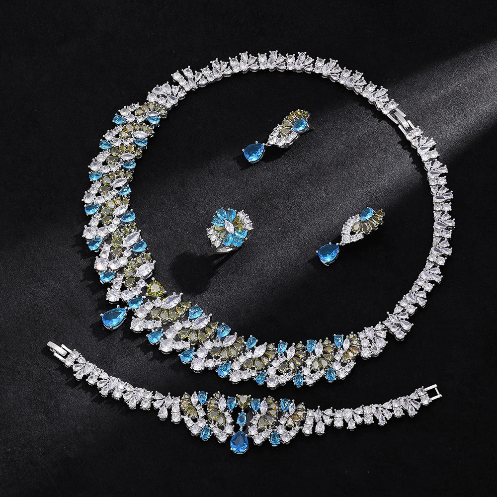 Luxury 4 Pieces Necklace Earrings Set Big Colorful CZ Zircon Wedding Bridal Jewelry Set Dubai Women Gift