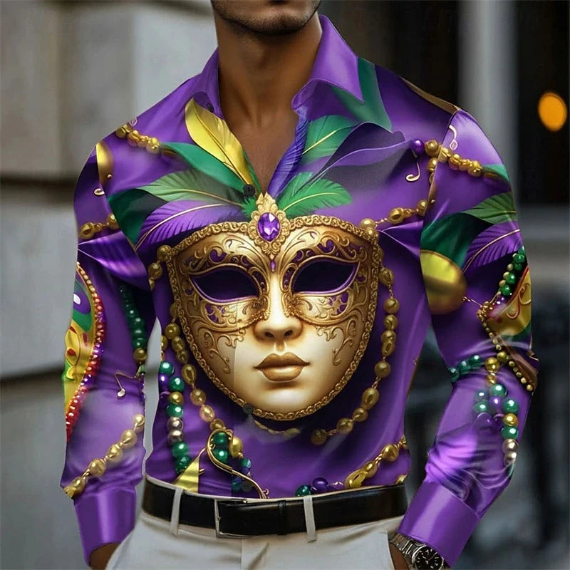 Men's Carnival Themed Feather Mask Print Long-Sleeve Shirt, Fashionable Street Style Party Casual Loose Fit Men's Top XS-6XL