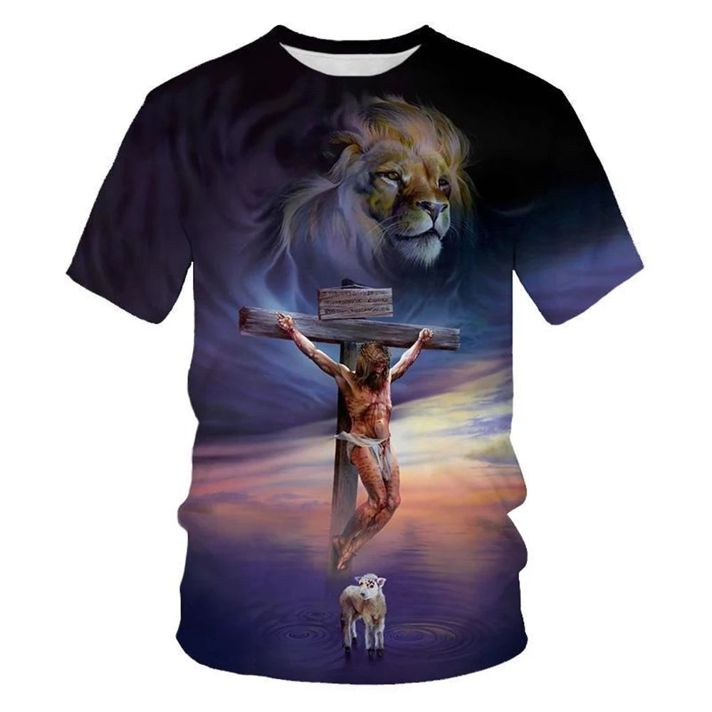Summer fashion creative design cross lion 3D printing personalized Christian art T-shirt