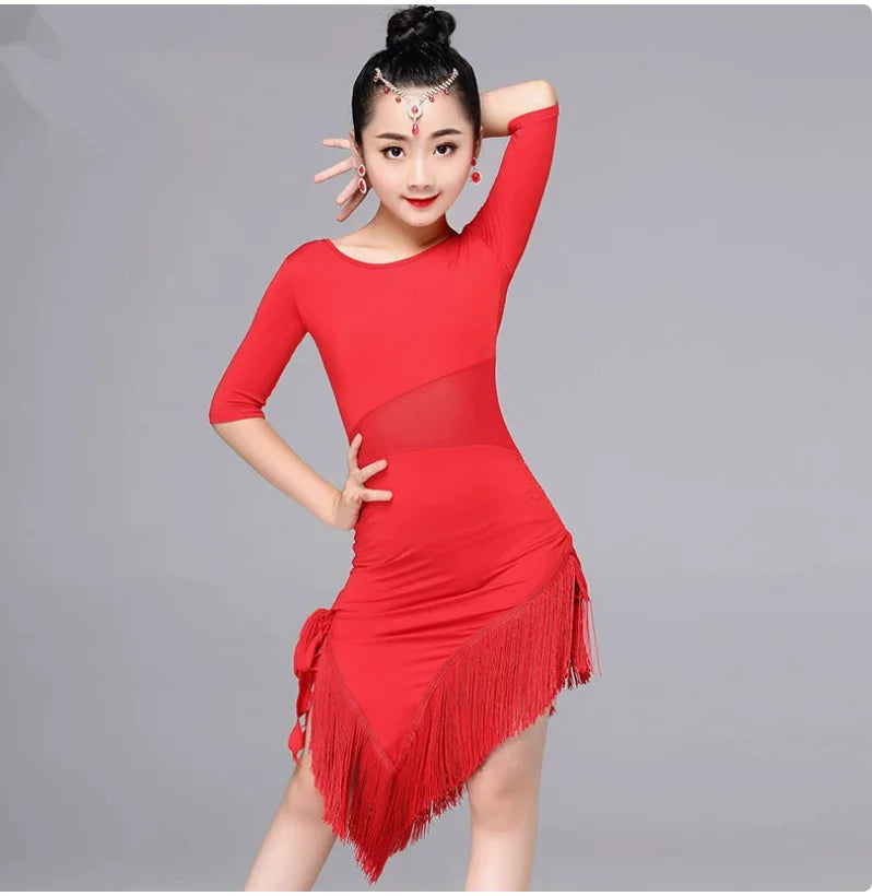 1pcs/lot  Child Girls Latin Dance Dress Fringe Latin Dance Clothes Salsa Costume Black Red Ballroom Tango Dresses