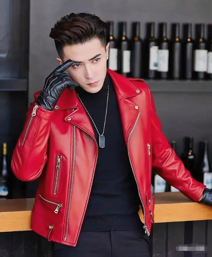 Men's Slim Fit PU Leather Jacket Fashionable Motorcycle Style Spring Autumn Korean Version Casual Outerwear Male Biker Coat