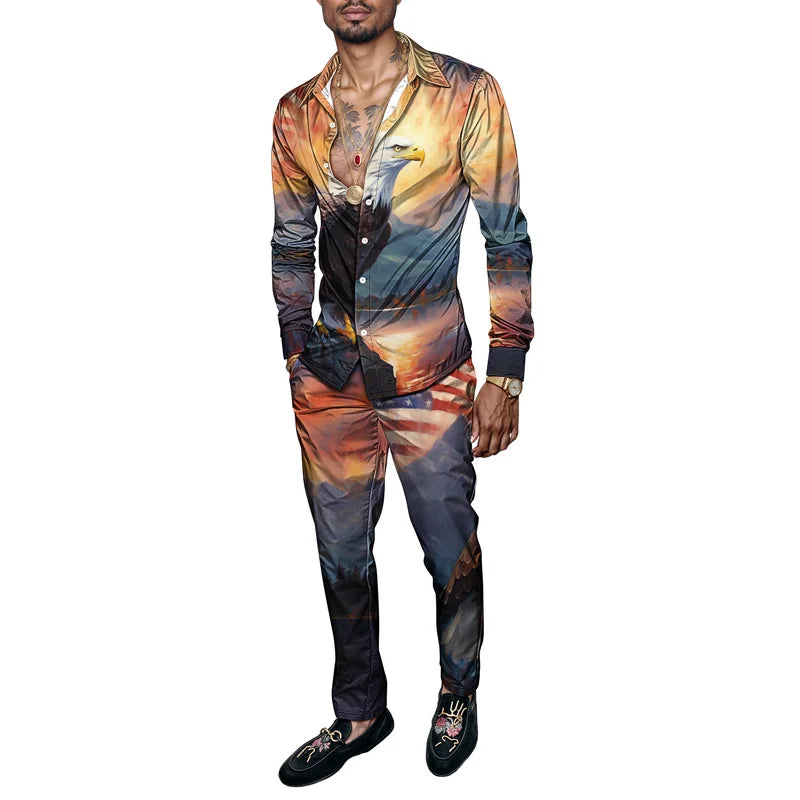 Spring And Autumn Eagle 3D Print Men Harajuku Clothing Suits Tracksuit Long Sleeve Shirt Long Pants Two Piece Sets Clothing