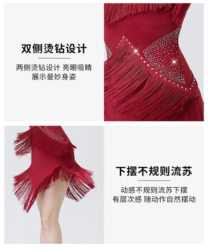 Women's Flapper Dress Fringe Salsa Latin Dance Dress Party Ballroom Dancer Outfits With Shorts Long Sleeve  Tango Samba Rumba