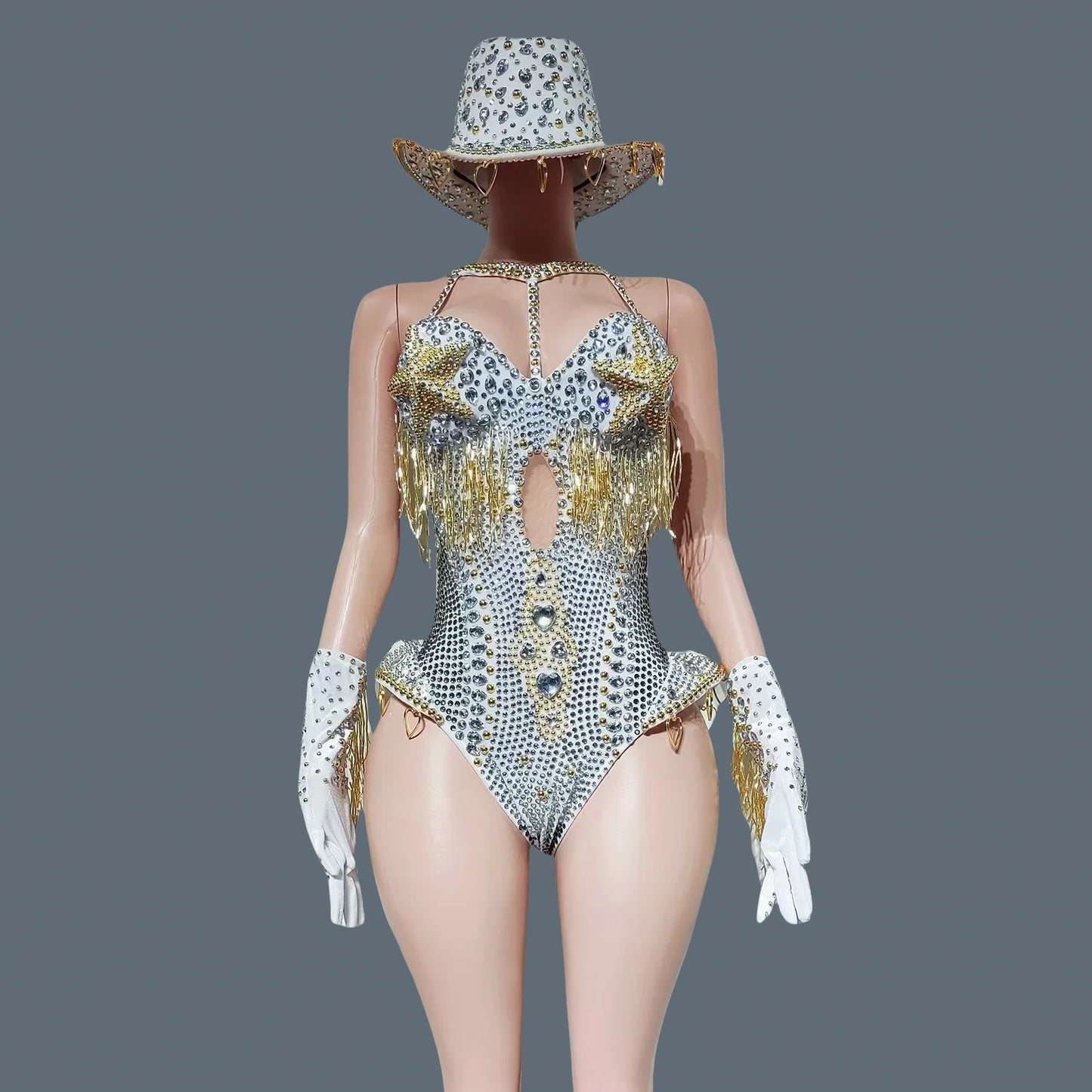 Women Sparkly Rhinestone Bodysuit 4Pieces Set Night Party Cowboy Show Outfit Cabaret Carnival Showgirl Sexy Jumpsuit Hongding
