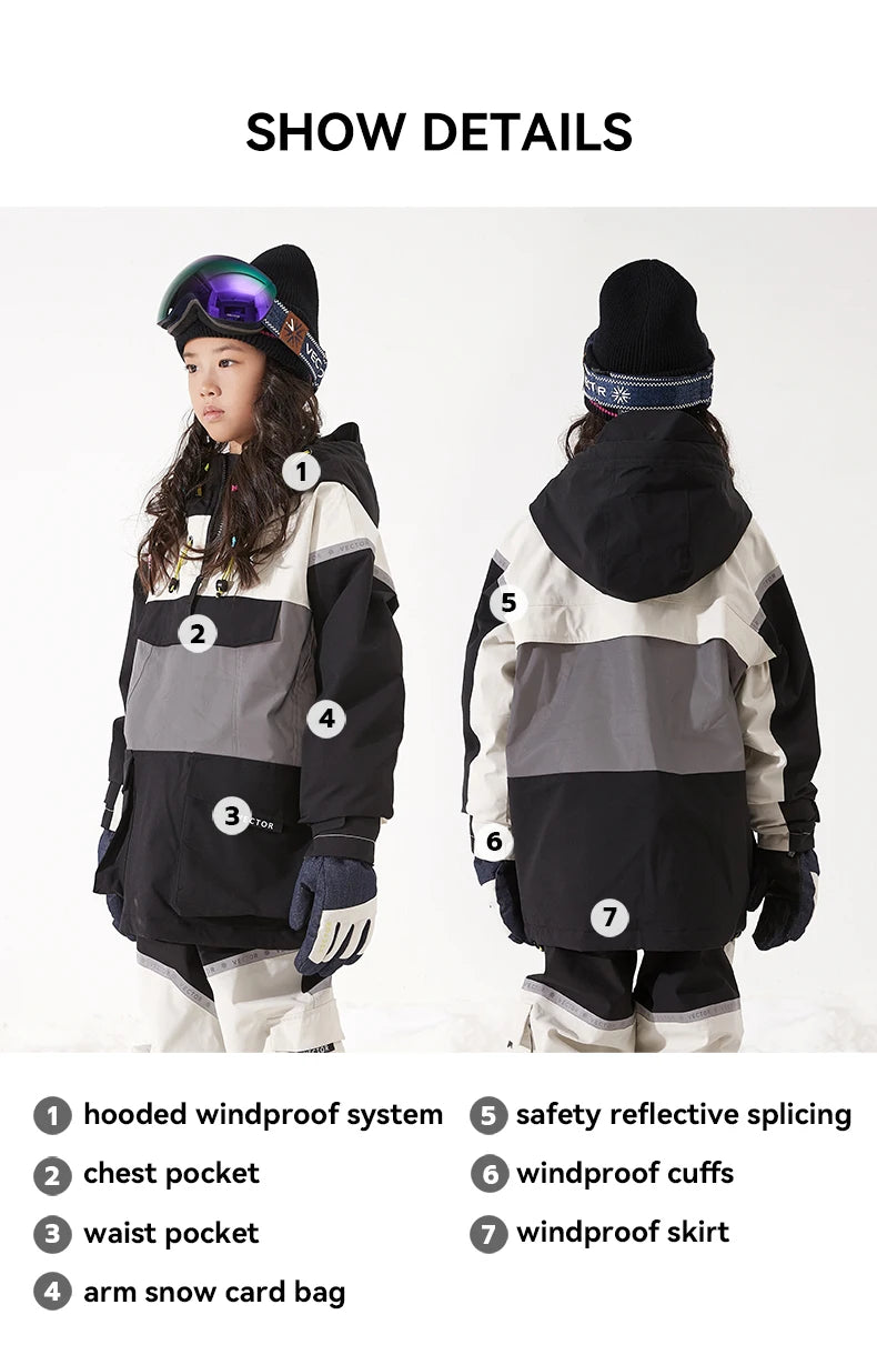 VECTOR Ski Wear Children Hooded Sweater Reflective Boys and Girls Ski Wear Thickened Warmth Waterproof Ski Equipment Ski Jacket