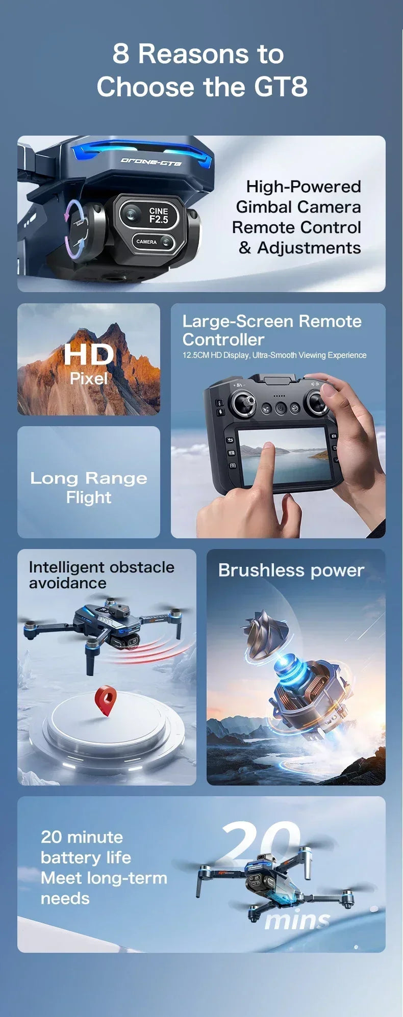 Drone 4K HD GT8 Camera Obstacle Avoidance Aerial Photography Brushless Drone with Screen Foldable RC Drone Quadcopter RTF