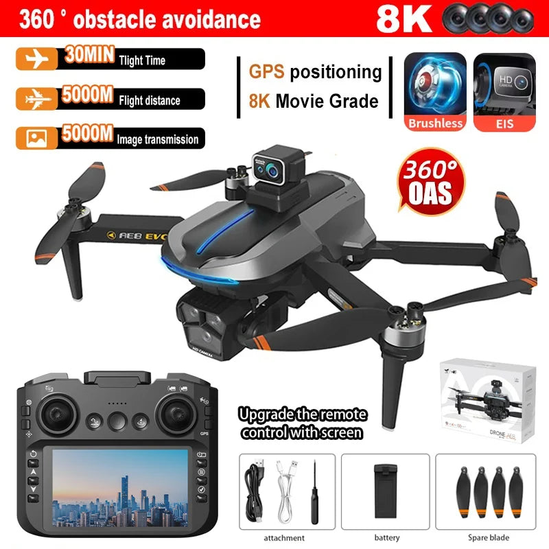 AE8 EVO GPS Drone 4K Professional HD Dual Camera With Screen 5G WIFI 360°Obstacle Avoidance Brushless Rc Quadcopter FPV Drones
