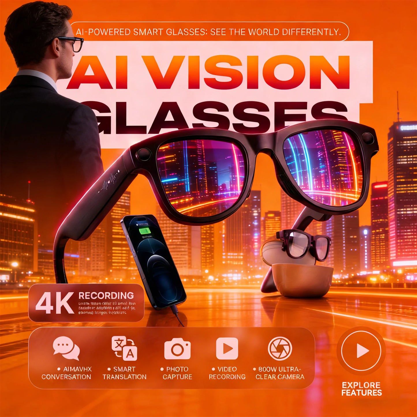 Bluetooth Camera Smart Glasses 4K 1296P Photo Video Open-Ear Dual Speakers Touch Button Control OTA APP 4GB Memory sunglasses