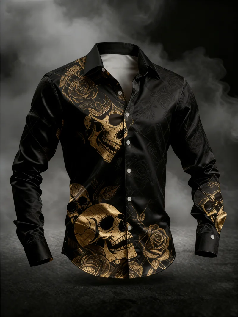 Fashion men's long sleeved shirt skull 3D print rose series gold black skull men's top soft long sleeved shirt Men Clothing
