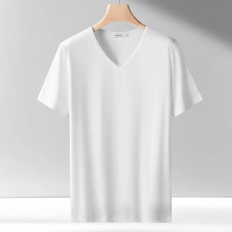 2025 men's short sleeved T-shirt loose and breathable plus size T-shirt top summer thin solid color V-neck home clothing base s