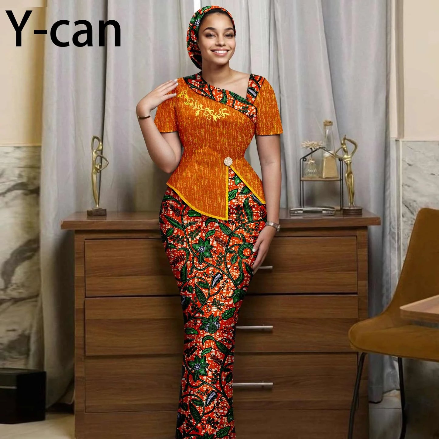 African Women Skirt Set Luxury Gown Short Sleeve Slit Top and Slim Skirt Vestidos with Headwrap Wedding Dress 2526056