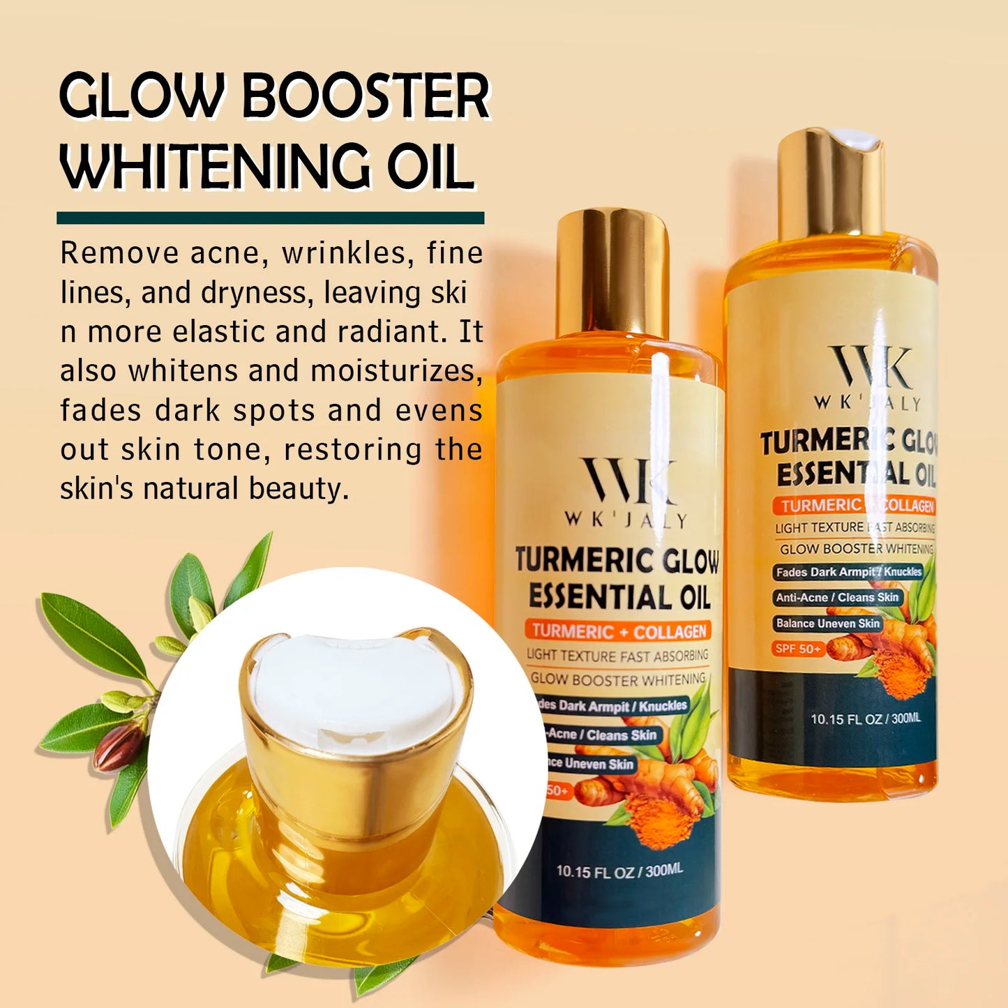 WK JALY Turmeric Whitening Essential Oil, With Collagen, Moisturizing, Brighten, Remove Acne, Dark Spots, for All Skin, 300ml