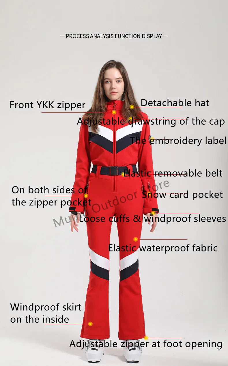 Women One Piece Ski Suit Winter Snowboard Jumpsuit Waterproof Windproof Thicken Hooded Outdoor Sport Wear for Mountain Hiking