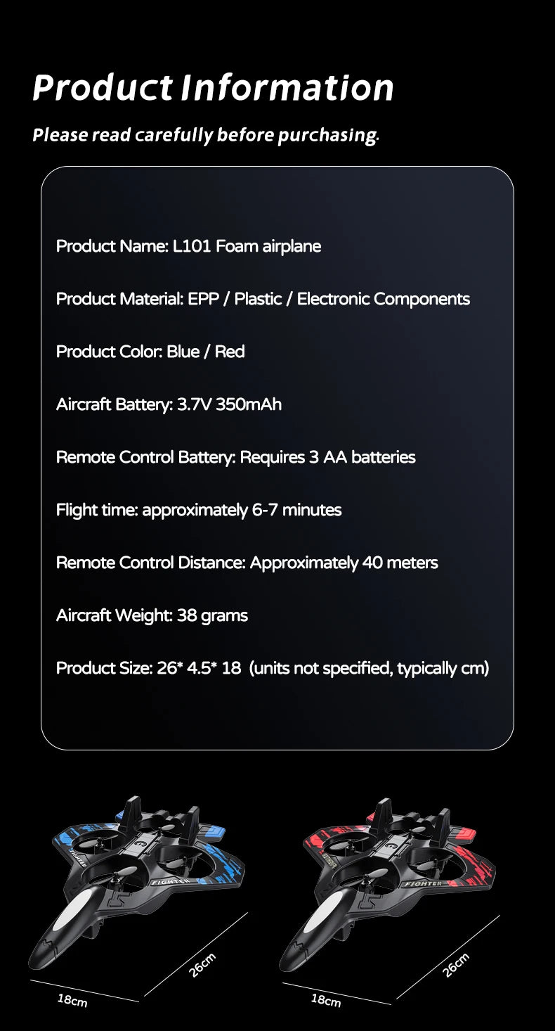 L101 RC Foam Airplane Mini Drone 2.4G Fighter Stunt Helicopter 360° Flip Remote Control Aircraft LED Colored Lights Quadcopter