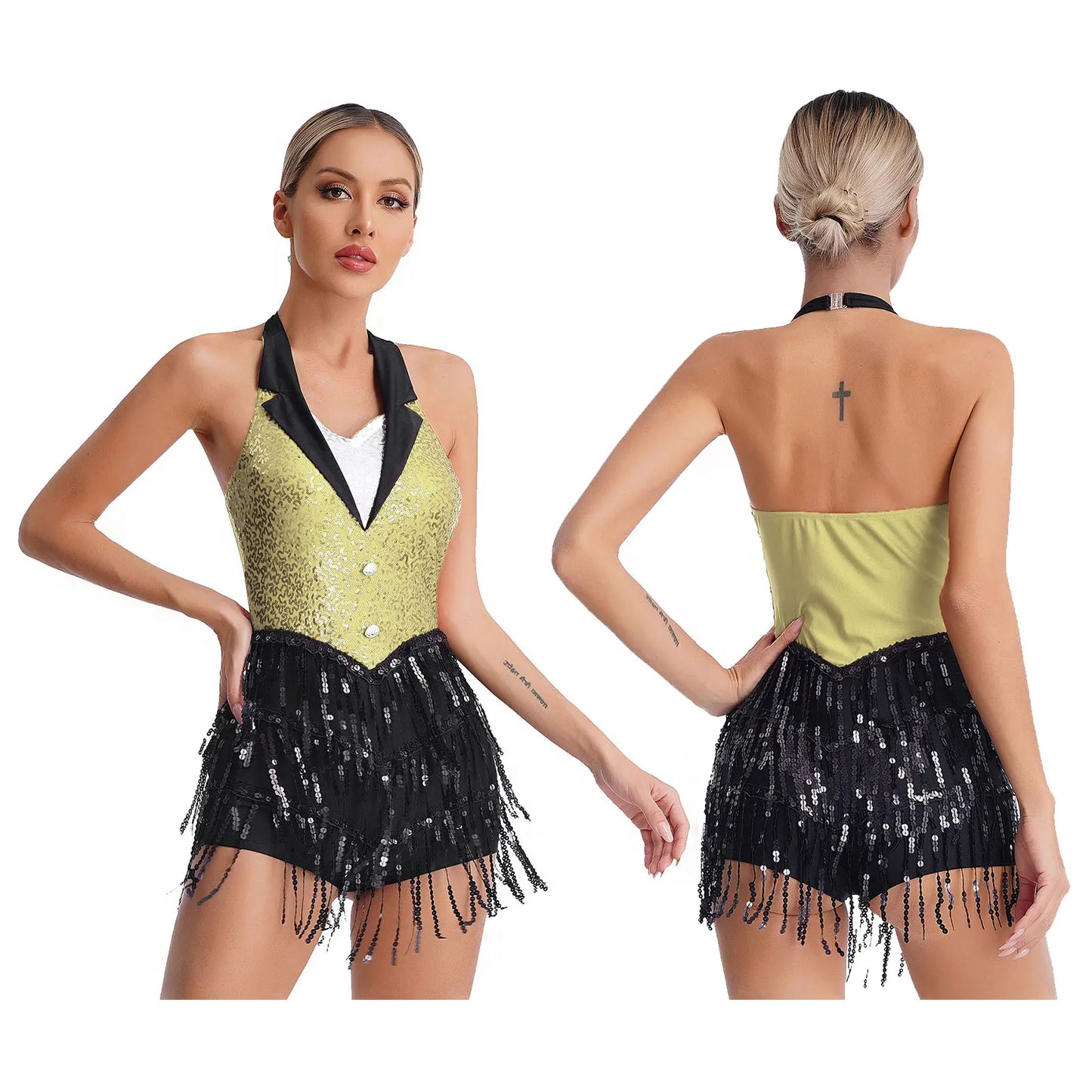 Women Modern Dance Dress Performance Costume Shiny Sequins Sleeveless Latin Jazz Tango Salsa Dance Leotard Bodysuit Dress Outfit