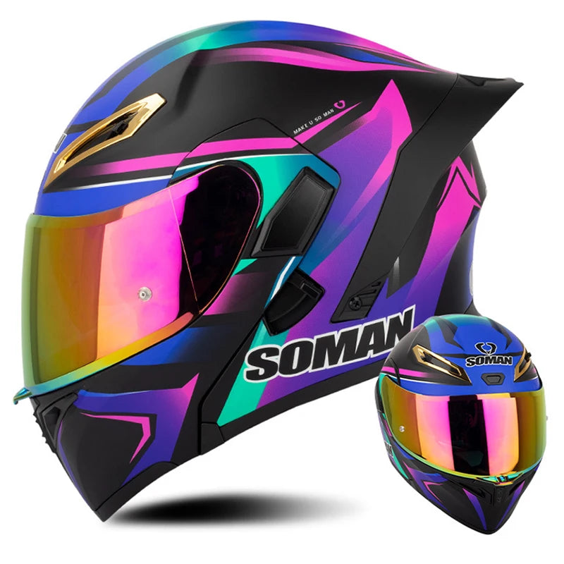 DOT Approved Men's Motorcycle Helmet Full Face Helmet with Double Visor Flip Up Motocross Helmet Four Seasons Universal