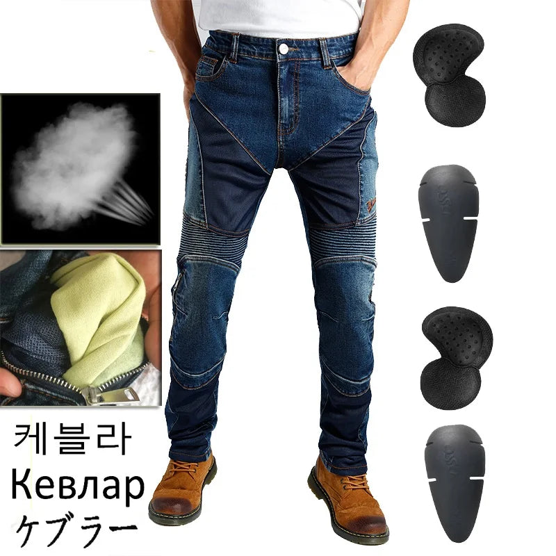 Men Summer Motorcycle Jeans Blue Mesh Protective Riding Pants Black Motocross Gear Motorbike Trousers