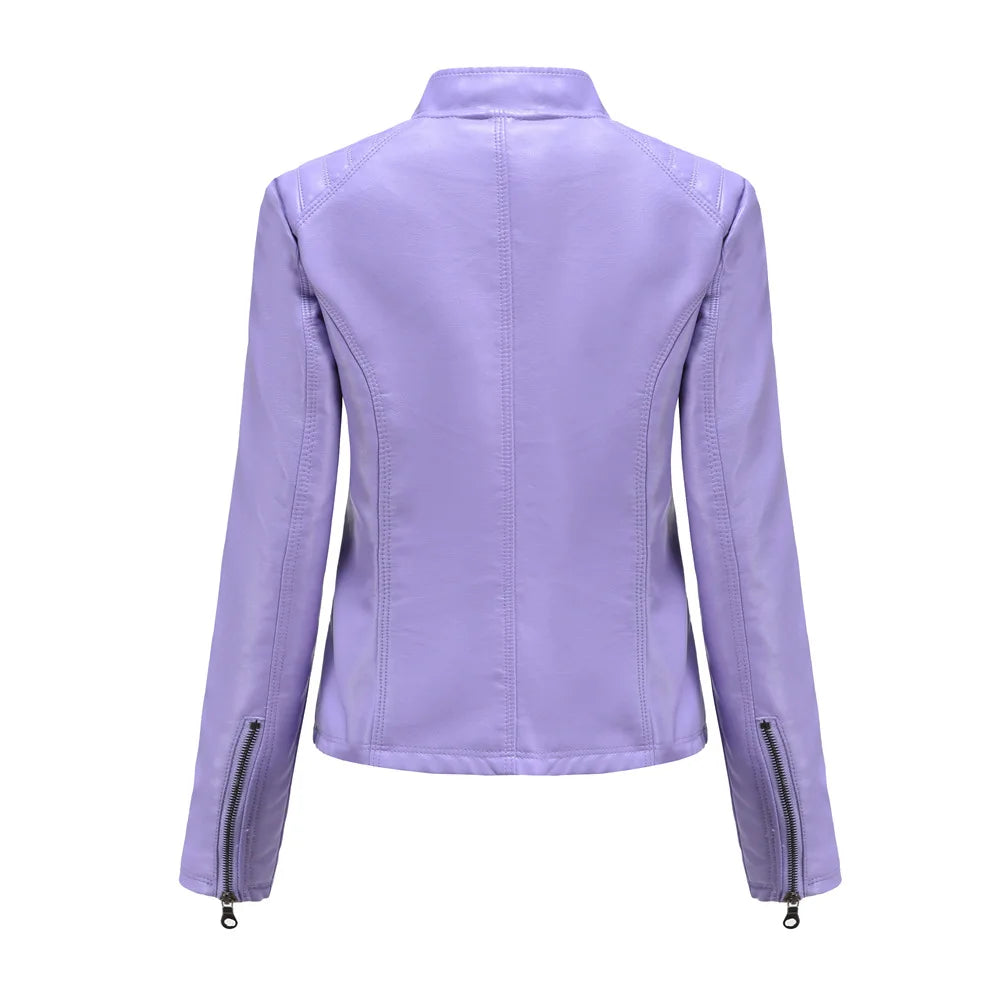 2026 New Lavender Purple Women's Long Sleeve PU Jacket, Fashion Motorcycle Leather Jackets, Red Coat, Black Outerwear.