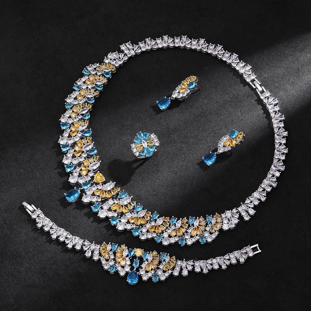 Luxury 4 Pieces Necklace Earrings Set Big Colorful CZ Zircon Wedding Bridal Jewelry Set Dubai Women Gift