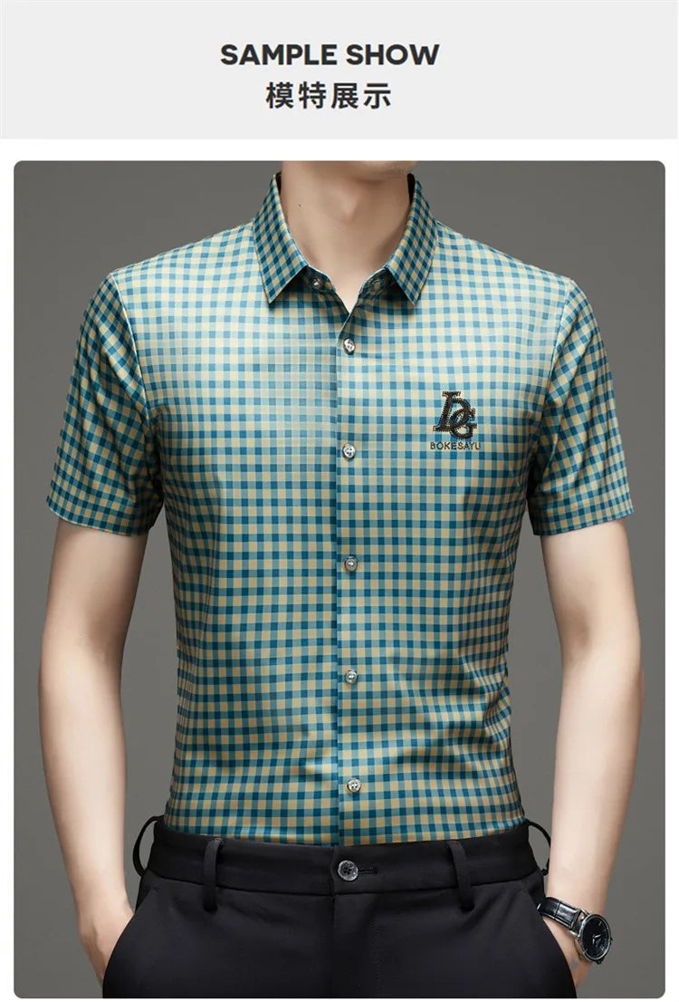 High End Man's Plaid Shirts Non-iron Business Fashion Leisure Tops Luxurious Male Short Sleeve Summer Quality Thin Shirt for Men