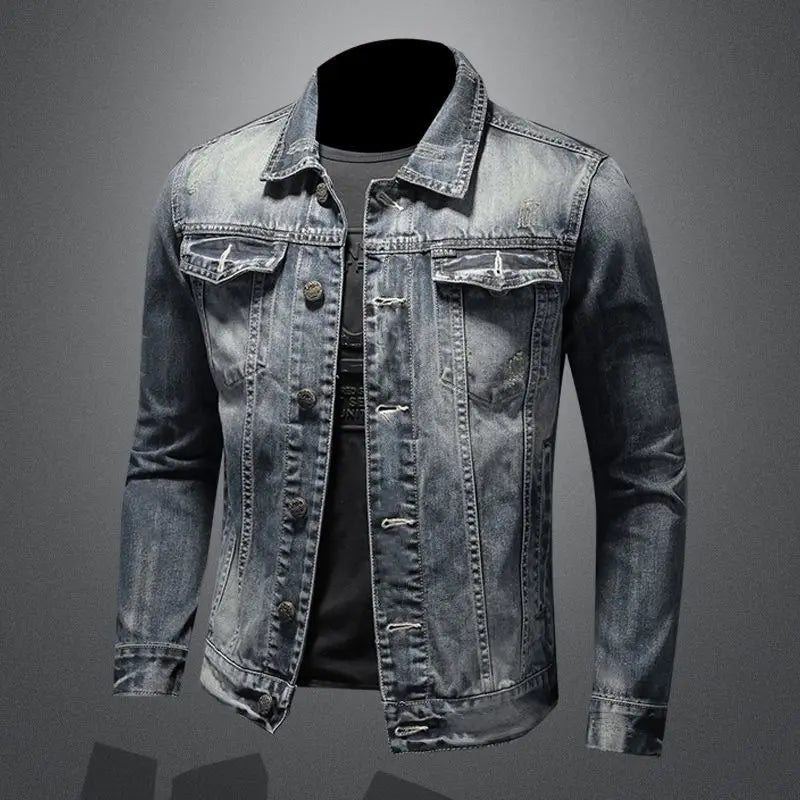 2025 Men's Autumn Winter Brand Casual Cotton Jacket with American Retro Motorcycle Embroidered Street Fashion Grey Jeans Coat
