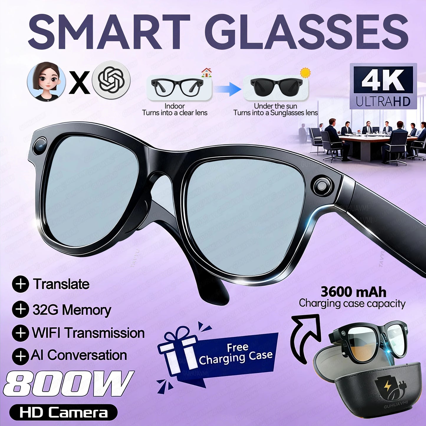 New 800W Camera 3600mAh Power Bank Smart Glasses Men Translator Take Photo WIFI Transmission Music Player AI Chat Glasses Women